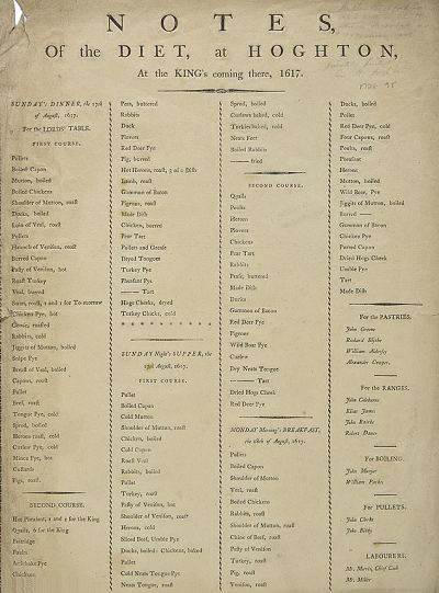 Menú festivo de la Realeza Inglesa del 1617